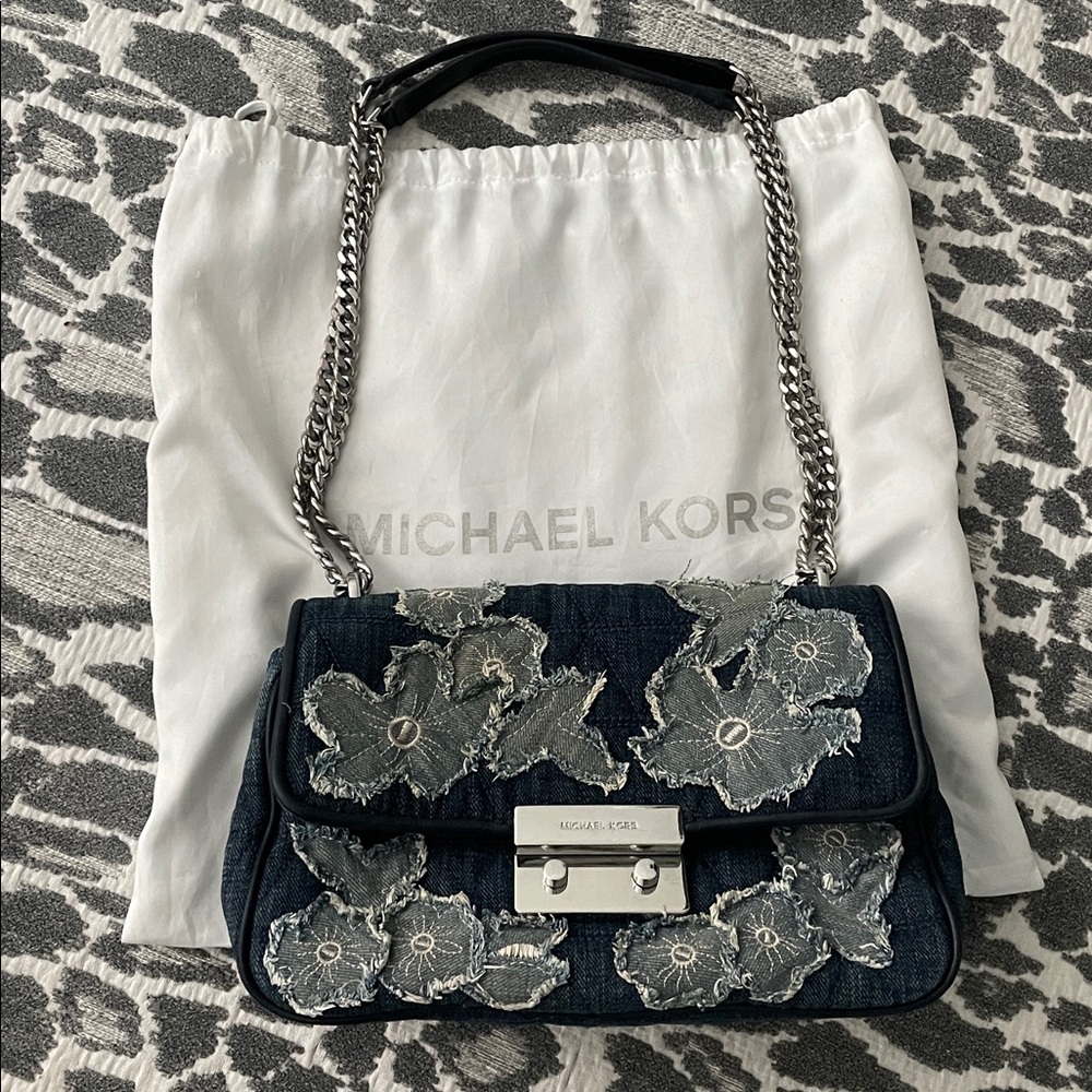 Michael Kors Denim Navy Floral Chain Bag